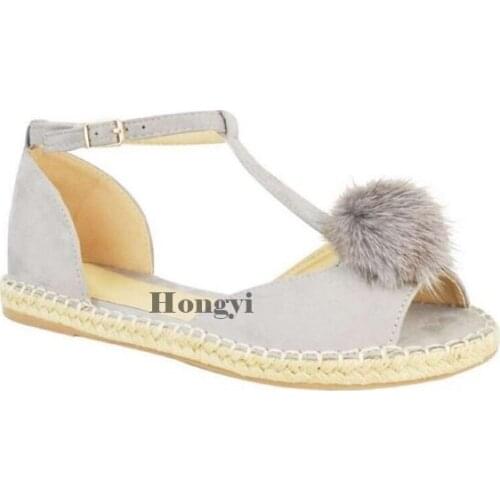 Classic Espadrilles Women 2018 Summer Women Flats Ankle Wrap T Strap Hemp Bottom Shoes Woman Fur Balls Canvas Flat Shoes