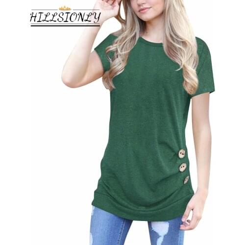 Hillsionly Plus Size Women Short Sleeve Loose Button Trim Solid Color Round Neck Casual Tunic T-shirt 2020 Summer Fashion Tops