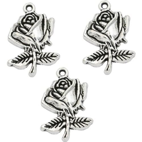JAKONGO Antique Silver Plated Flower Charms Pendants for Jewelry Findings Accessories Making Bracelet DIY 25x16mm