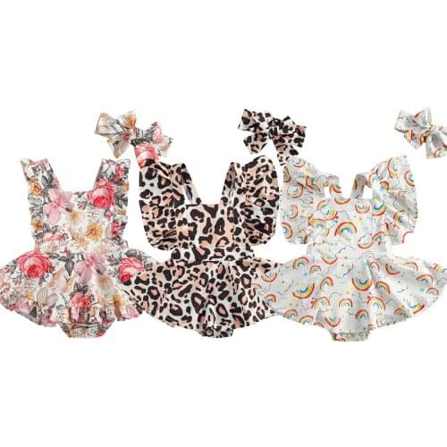 0-24M Newborn Baby Girls Romper Dress Rainbow/Flowers/Leopard Print Ruffles Sleeve Backless Jumpsuits 3 Style