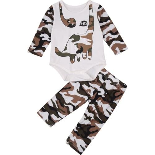 2Pcs Camouflage Dinosaur Print Baby Newborn Boys Sets Long Sleeve O Neck Romper Infant Casual Pants Toddler Infant Outfits 0-24M