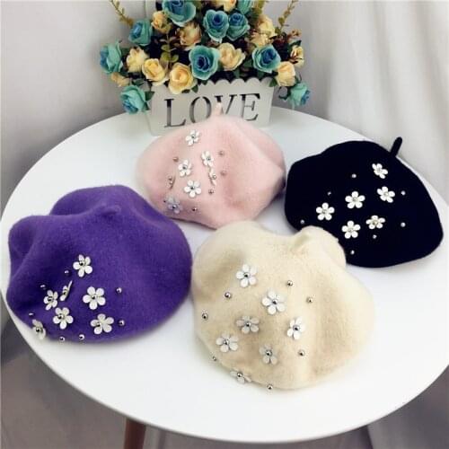 Fashion Kids Wool Winter Warm Hat Flower Beret Hat For Girls Painter Cap French Cap gorras