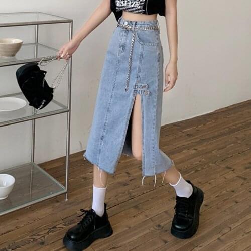 Fashion High Waist Women Bodycon Denim Skirt 2021 New Summer Female Mid-Calf Length Straight Side Split Jean Skirts OL Style