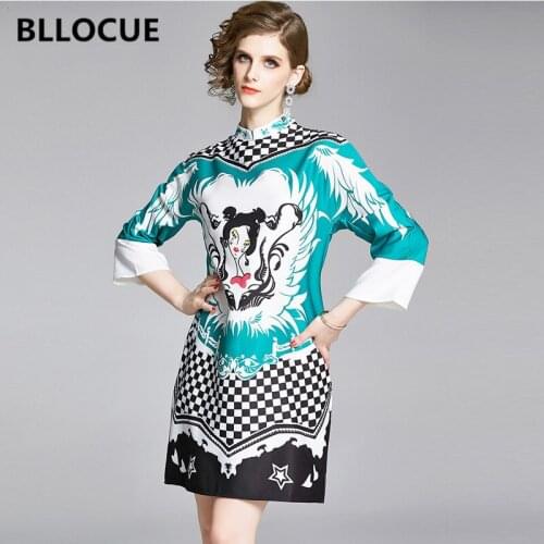 BLLOCUE Fashion Elegant Women 2020 New Stand Collar Printing Hugging Loose Mini Modified Cheongsam Dresses vestidos