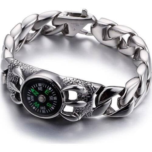 Fate Love Fashion compass creative outdoor Jewelry stainless steel Mens Biker Curb chain bracelet Heavy 96g 8.66