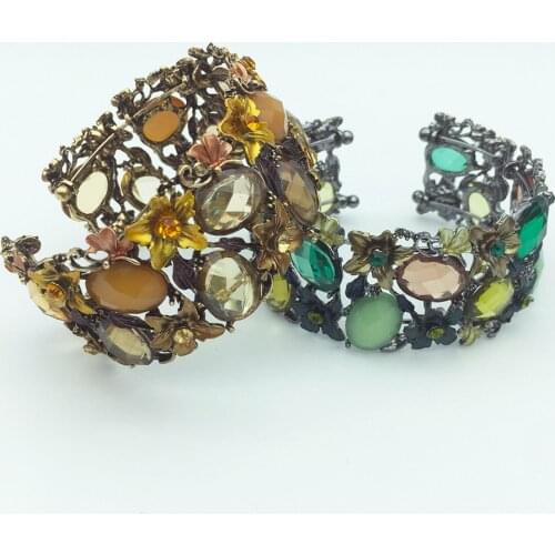 Fashion vintage spray acrylic stone flower cuff stretch bangle trendy wedding bridal jewelry gift