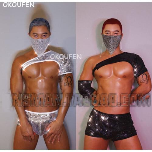 Nightclub Bar ds men Sexy Costumes Suit Half Sleeve Sequined Stage outfit Party theme show performance clothing set