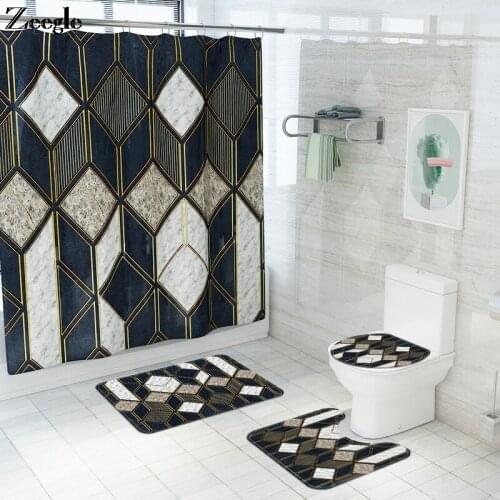 Bath Mat Set Printing Shower Curtain with Hooks Set Marble Stitching Floor Mat For Toilet Seat Cover Mat and Anti-slip Foot Rug