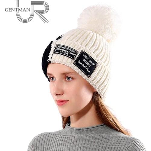 New Warm Winter Hat Female Fashion Skullies Beanies Thick Fur Knitted Hat For Woman Lady Pompom Hats Two-tone Design Bonnet Cap