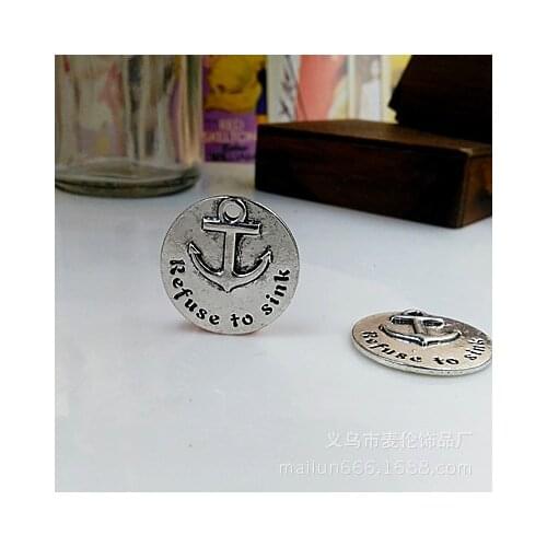 Top Quality 50 Pieces/lot Diameter 25mm Letter Printed Refuse To Sink Anchor Charms Round Disc Inspired Message Charm Pendant