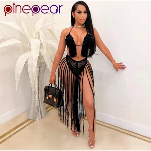 PinePear Sexy Crochet Tassel Two Piece Skirt Set Beach Dress Bathing Suit Summer Outfits Womens 2022 New 2 Pieces Matching Sets