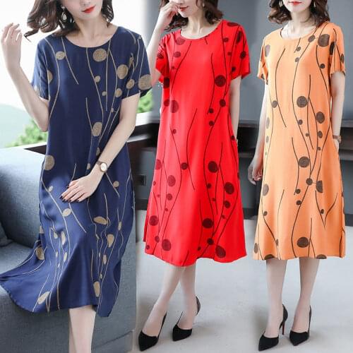 2021 New Summer Middle Aged Women Cotton Linen Short Sleeves Dresses Female Fashion Korean Mother Plus Size Printing Dresses K02