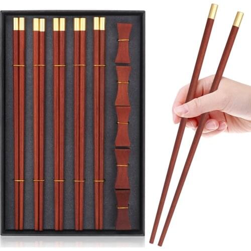 VIP Boutique Gift Box 5 Pairs Red Sandalwood Chopsticks 5PCS Chopstick Rest Solid Wood Pure Copper"FU" Chopsticks Top