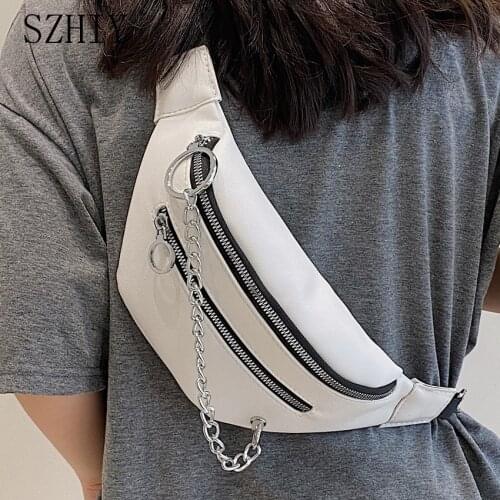 Waist Belt Bag for Women Leather PU Black Chain Bag Shoulder Small Travel Hip Chest Pack Designer 2021 Crossbody Purse Shell New