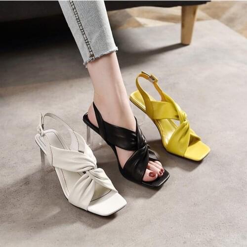 Europea High Heels Sandals Woman Fashion Sexy Summer Shoes Crystal Thick Heel Square toe Women 2021 Cross Tied BLACK RED YELLOW
