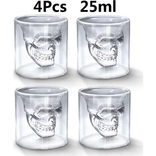 4Pcs Crystal Skull Head Glass Tea Cup Double Layers Shot Transparent Skull Bottle Whiskey Wine Vodka Bar Club Beer Wine Glass