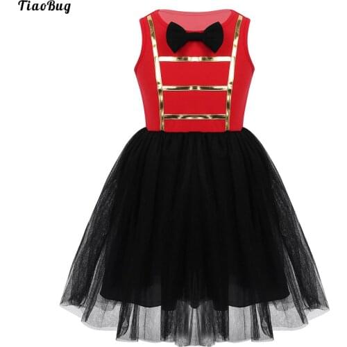 TiaoBug Kids Girls Showman Costume Sleeveless Bowtie Mesh Tutu Dress For Halloween Carnival Cosplay Holiday Party Dress Up