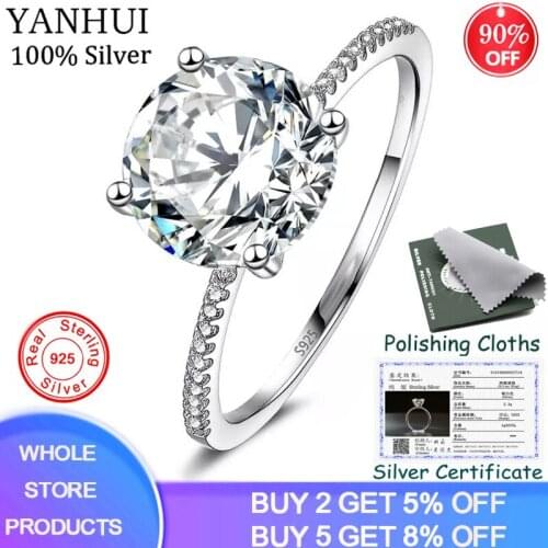 YANHUI Fine Jewelry Have Certificate Real 925 Sterling Silver Ring Luxury 3ct Zircon Bride Wedding Rings For Women Dropshipping