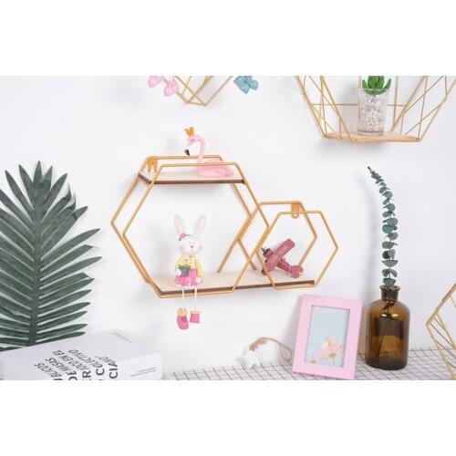 Iron Metal Wall Shelf Hexagon Geometric Gold Storage Rack Hanging Display Holder for Kitchen Bathroom Home Decoration Shelves