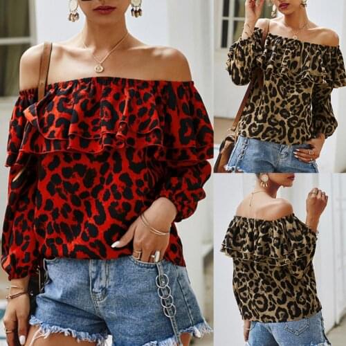 2020 Special Women Long Sleeve Elastic Neckline Off Shoulder Leopard Print Ruffled Hem Blouse new women shirts
