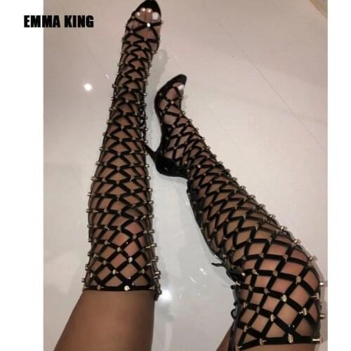 2021 Summer Sexy Grid Thigh High Sandals Boots Women High Heels Peep Toe Shoes Woman Rivet Over The Knee Boots