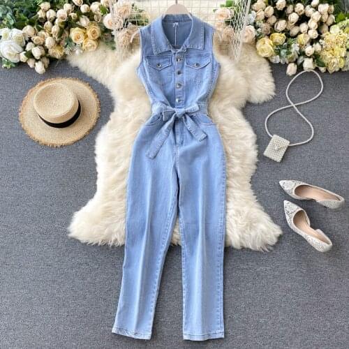 Ins Popular Retro Single Breasted Straight Wide Leg Denim Jumpsuit Women Jeans Jumpsuit