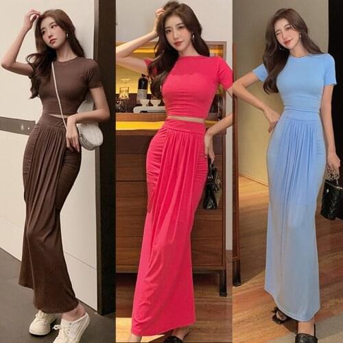 Summer New Sheath Two piece set Women Temperament Short sleeve Cropped Tshirt + High-waist Pleated Fishtail Long Skirt Suits