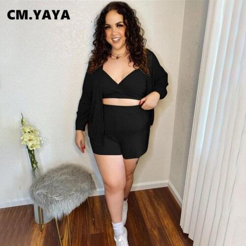 CM.YAYA Women Plus Size Tracksuit Solid Vest + Short Coats + Shorts 3 Piece Sets Fashion Outfits Causal Streetwear Autumn 2021