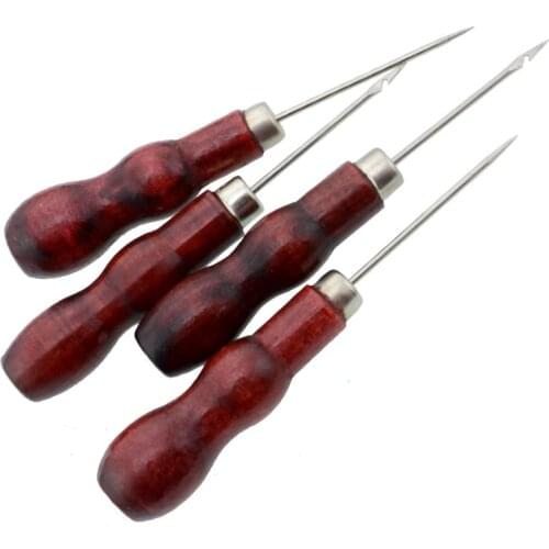 1pc Red Wooden Handle Sewing Awl Hand Stitcher Leather Craft Tip Shoe Repair Puncher Positioning Drill Sewing Needle Hook Tool G