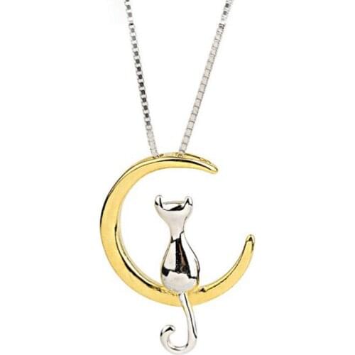 12Pcs/lot Cat and Crescent Pendant Necklace for Women Fashion Jewelry Necklace Wholesale