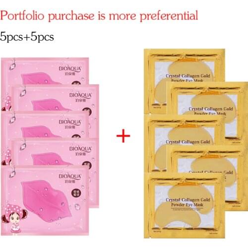 5pcs Bioaqua Collagen Lip Mask and 5 Pairs InniCare Gold Eye Mask Moisturing Nourishing Lips Care Anti Dark Circles Eye Care