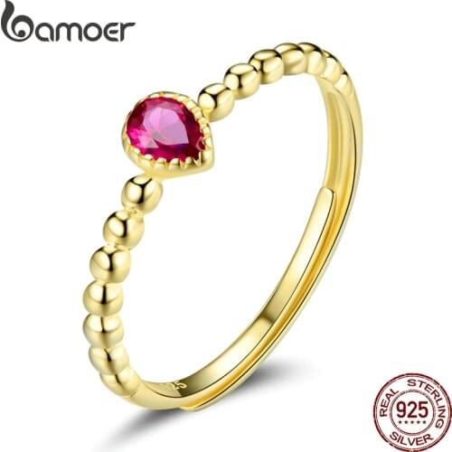 Bamoer Luxury 925 Sterling Silver Ruby Ring Rose Red Water Drop Gems Adjustable Ring Gold Retro Fashion Jewelry Wedding SCR745