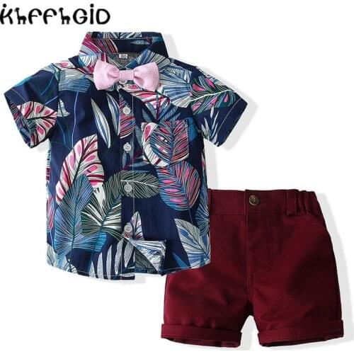 Kids wear 2021 hot sale summer new boys short sleeve tropical leaf shirt casual shorts suit handsome newborn beach swimming suit