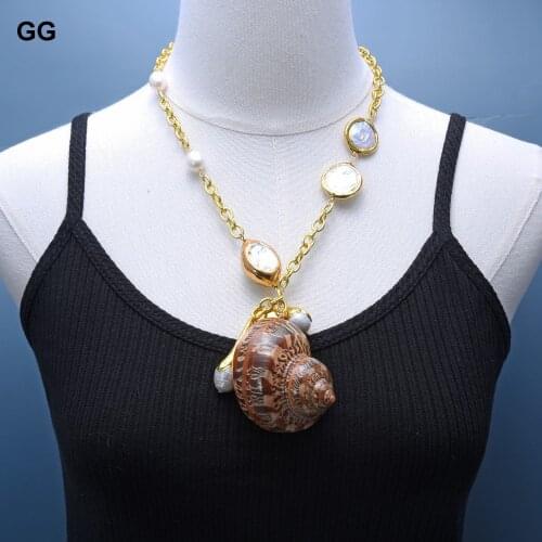 GuaiGuai Jewelry Real White Keshi Pearl Gold Plated Chain Necklace Turbo Sarmaticus Pendant Necklace Hyperbole Style For Women