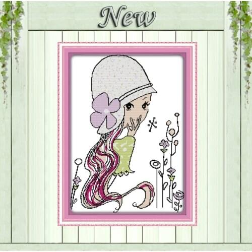 The long hair girl beauty flowers paintings counted Printed on canvas DMC 11CT 14CT Cross Stitch Needlework kits embroidery Sets