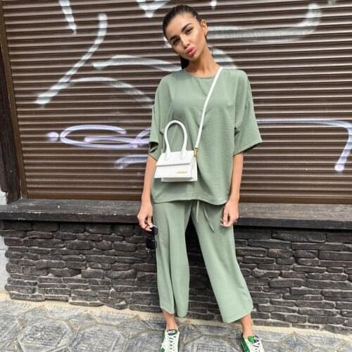 Summer Casual Women Set Women Tracksuits Two Piece Set Solid Short Sleeve Long Pants Suit Fashion Loose Outfit Femme