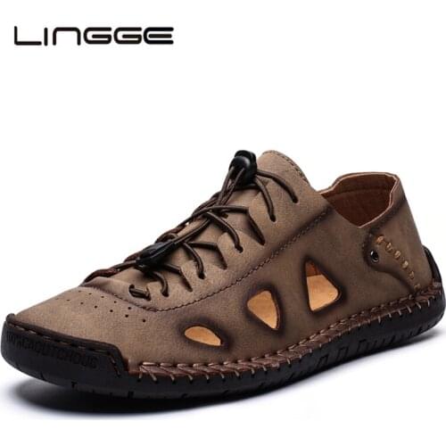 LINGGE Handmade Men Loafers New Men Casual Shoes Comfortable Mens Shoes Quality Hollow Flat Moccasins Men Sneakers Size 48