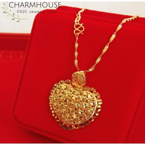 Charmhouse Yellow Gold GP Necklaces For Women Big Heart Pendant & Necklace Waterwave Chain 18 inch Wedding Bridal Jewelry Gifts