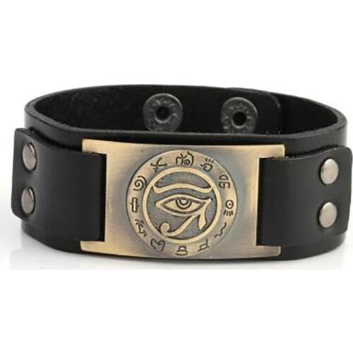 Religious Egyptian Eye of Ra Horus Udjat Evil Eye Snap Clasp Leather Bracelet