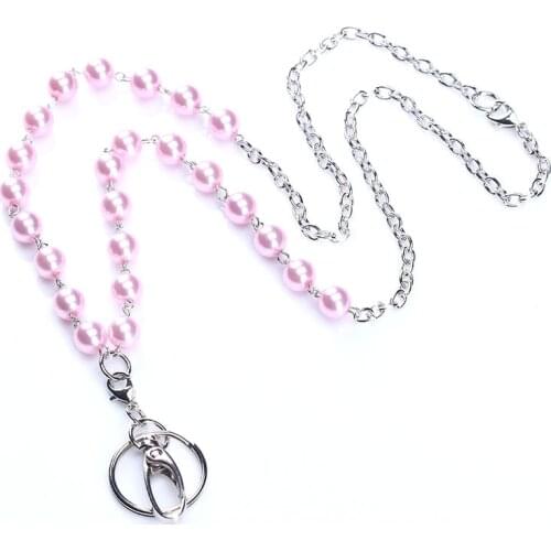 Pink Pearl Chain Lanyard ID Card Holder Necklace Name Badge Holder Key Clip Neck Chain Lanyards Nurse Accessories