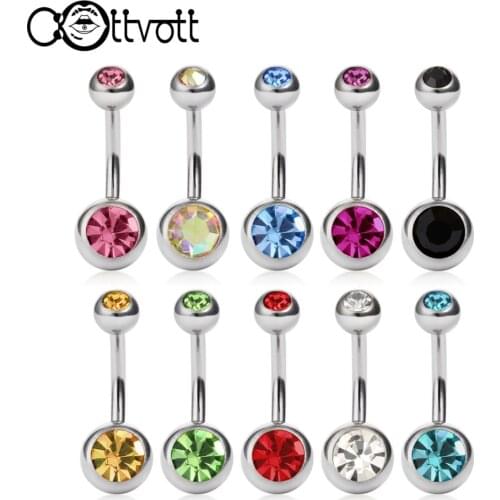 10pcs/set Bell Button Rings Double Head CZ Crystals Navel Piercing Belly Screw Barbell Spiral Bar Steel Bijou Body Jewelry DQ58