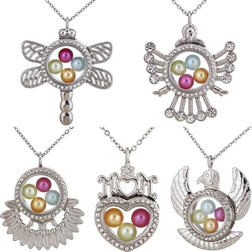 Glass Magnetic Living Memory Locket Pendant Beads Pearl Cage Rhinestone Floating Charms Pendant 20'' Steel Chain Necklace