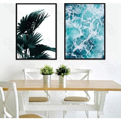 Deep Green Tropical Plants and Light Blue Sea Waves Nordic Style Canvas Painting Poster and Print for Home Rooms Wall Decoration