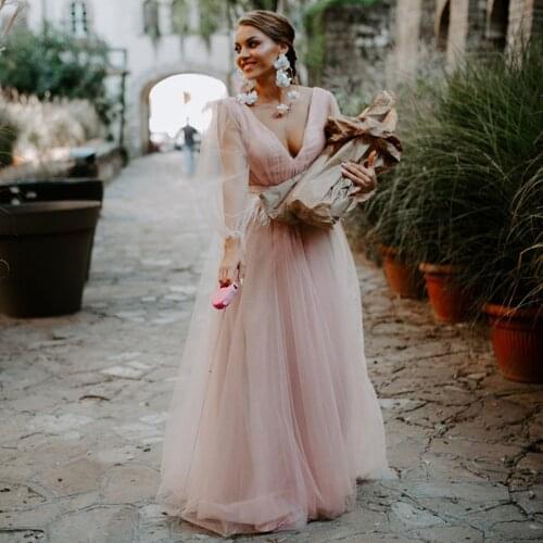Vintage Tulle A Line Boho Pink Wedding Dress Long Puff Long Sleeves V Neck Elegant Backless Bride Gowns 2021 Robe de mariee