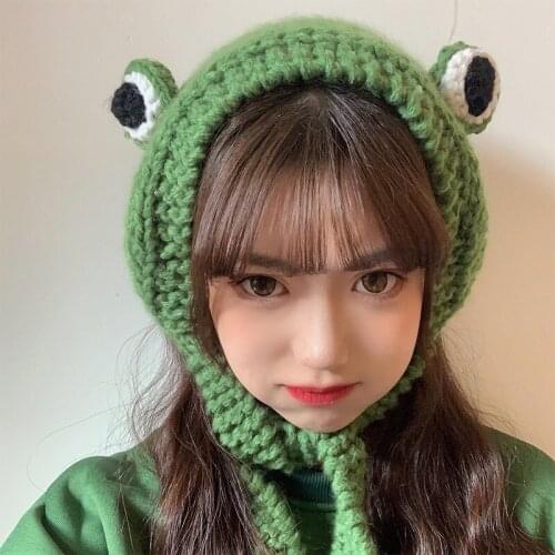 Unisex Frog Hat Cute Knitting Woolen Cap Autumn Winter Beanies Hats Big Eyes Frog Hair Band Bonnet Headwear Warm Earflaps Caps