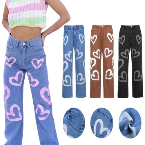 Vintage Heart Printed Y2K Baggy Jeans Women High Waist Harajuku Aesthetic Mom Jeans Denim Streetwear 90s Trousers Mujer Femme