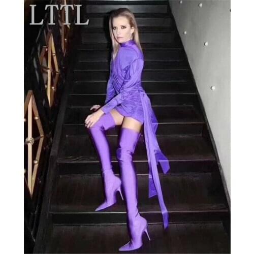LTTL New Sexy Runway Stretch Sock Boots Pointed Toe Stiletto Heel Thigh High Over the Knee Boots Women Designer Shoes Woman
