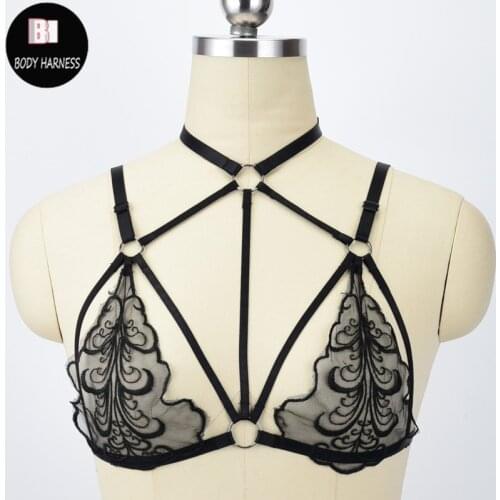 Goth Fetish Rave Lace Body Harness Sexy Lingerie Suspender Belt Harness Bra Harajuku Gothic Bondage Cage Bra Sheer Bralette