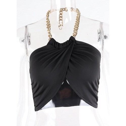 Summer Fashion Chic Halter Chain Crop Tops for Women Backless Cropped Feminino Black Wrap Top 2021 Streetwear