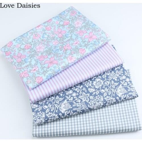 100% Cotton Pastoral BLUE Pink White Flowers Floral Stripe Gray Check Twill Fabric for DIY Bedding Apparel Dress Top Home Decor
